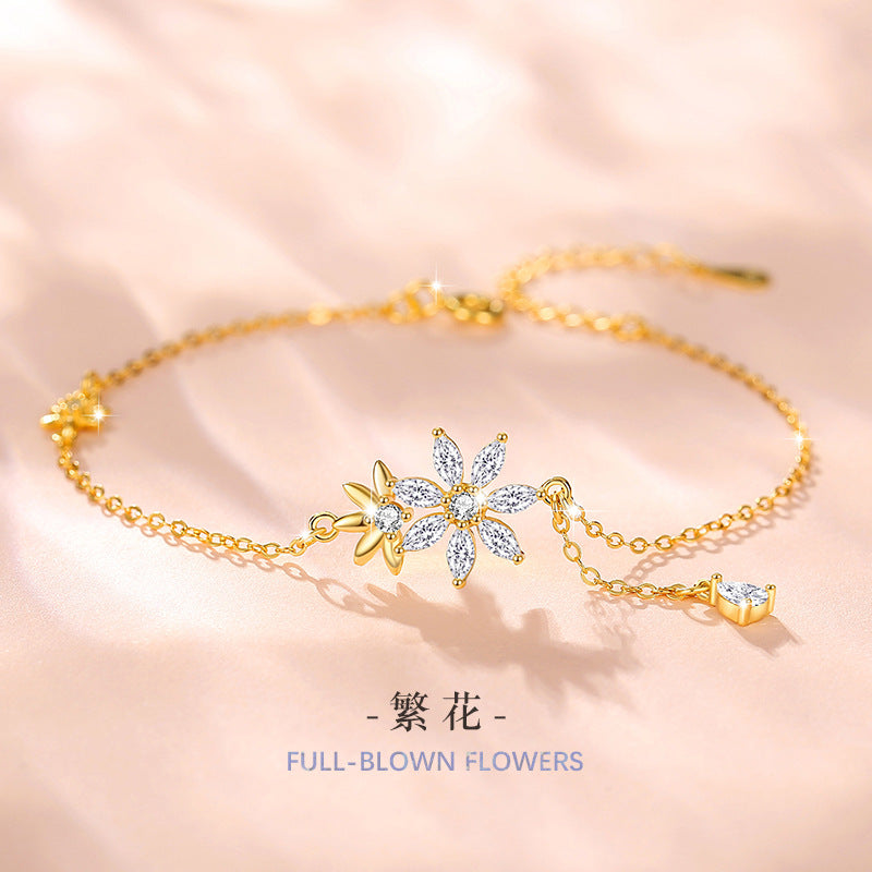 Flowers like Brocade Sterling Silver 925 Bracelet Female Niche Design Light Luxury Sunflower Bracelet Qixi Ins Flower Bracelet