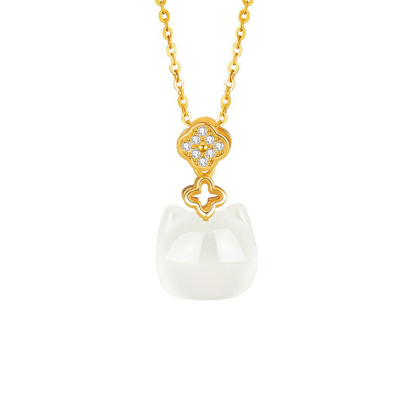 Clover Design S925 Silver Necklace Female Mori Lucky Kitten White Chalcedony Pendant Niche Clavicle Chain Gift Female