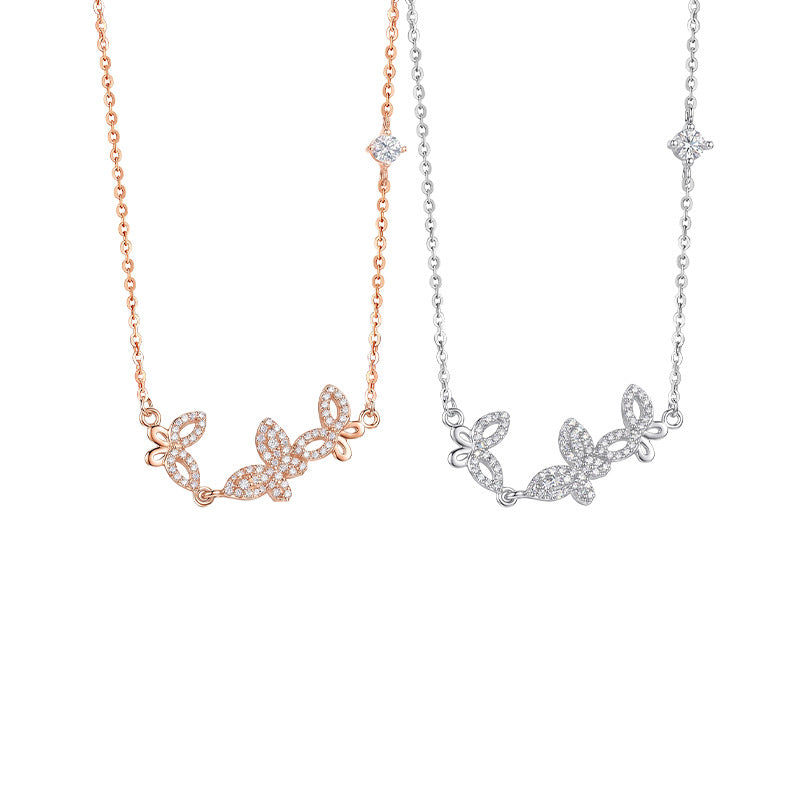 S925 Sterling Silver Necklace Women's Light Luxury Butterfly Pendant High-Grade Versatile Niche Clavicle Chain Daily Commuter Silver Jewelry