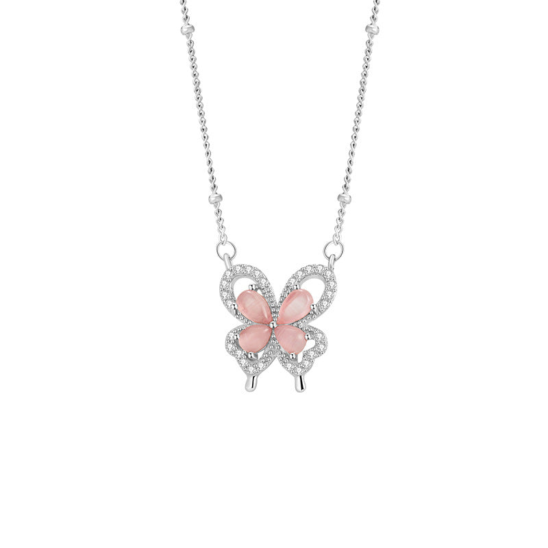Butterfly Sterling Silver 925 Necklace Female Niche Design Light Luxury Pink Opal Clavicle Chain Ins Style Love Pendant