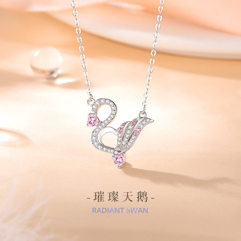 Swan Sterling Silver 925 Necklace Female Niche Design Light Luxury Pink Zircon Clavicle Chain Get Things Ins Love Pendant