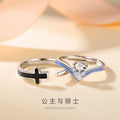 Princess and Knight Sterling Silver 925 Couple Ring Men's and Women's Niche Design Style Cross Zircon Crown Ring