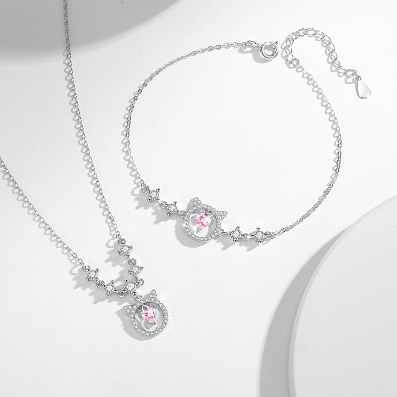 Cat Sterling Silver 925 Necklace Female Niche Design Light Luxury Pink Diamond Zircon Clavicle Chain Ins Style Love Pendant