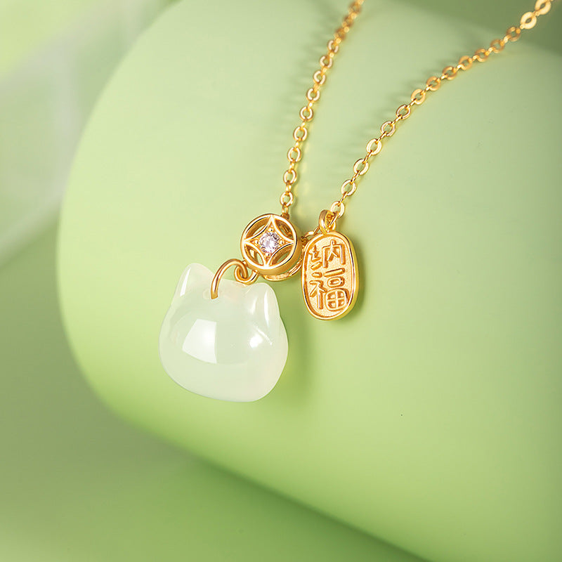 Lucky White Chalcedony Kitten Pendant S925 Silver Necklace Female High-Grade Mori Niche Clavicle Chain Gift Female
