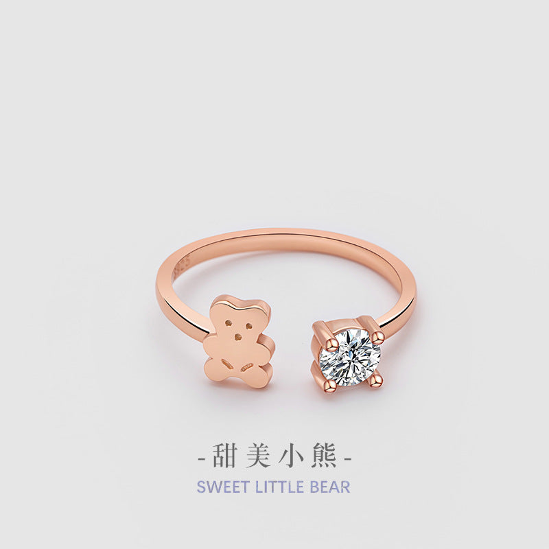 Teddy Bear Sterling Silver 925 Ring Female Fashion Versatile Zircon Ring Ins Style Cute Cute Bear Adjustable Ring