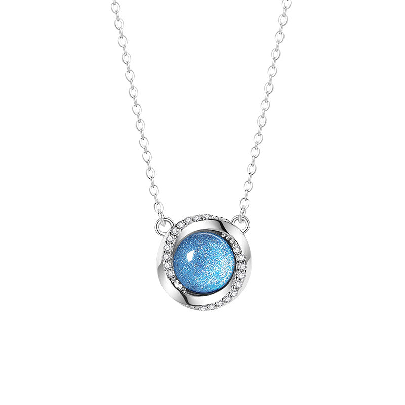 Ocean Heart Sterling Silver 925 Necklace Female Niche Design Light Luxury Rose Clavicle Chain Ins Glass Stone Pendant