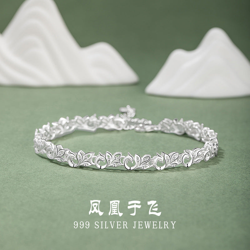 Phoenix Pure Silver 999 Bracelet Female New Chinese National Fashion Girlfriends Same Style Bracelet Ins Style High-Grade Phoenix Tail Bracelet