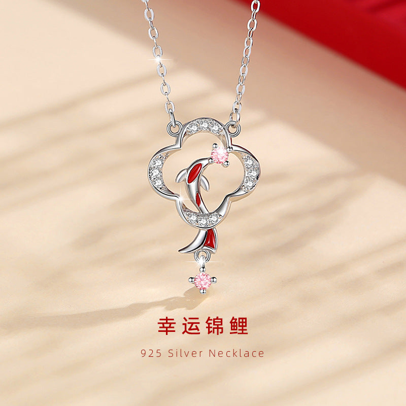 Lucky Koi Fish Sterling Silver 925 Necklace Women's Fashion Versatile Pink Zircon Clavicle Chain Ins Clover Pendant