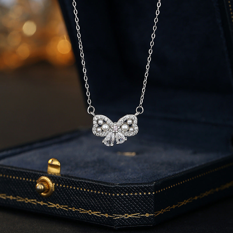 S925 Sterling Silver Bow Pearl Necklace Women's High-Grade Niche Clavicle Chain Gift for Girlfriend Silver Jewelry