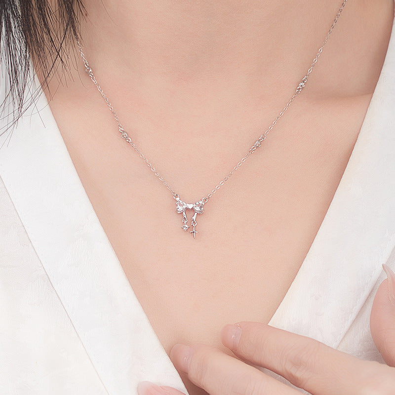 Lixing Shining Bow Necklace for Women S925 Sterling Silver Niche High-End Sense Non-Fading All-Match Clavicle Chain Wholesale