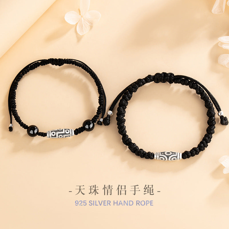 Nine-Eye Sky Beads Pure Silver 999 Couple's Hand Rope National Fashion Ethnic Style Lucky Beads Black Agate Hand Rope Tibetan Hand Rope