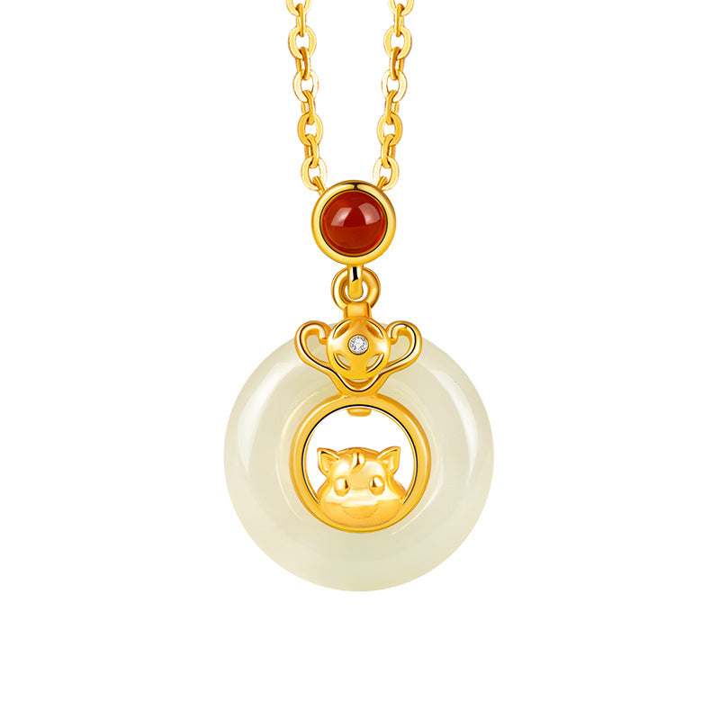 Pure Silver 999 Hetian Jade Safety Buckle Necklace Twelve Zodiac Pendant Birth Year Red Agate National Fashion Clavicle Chain