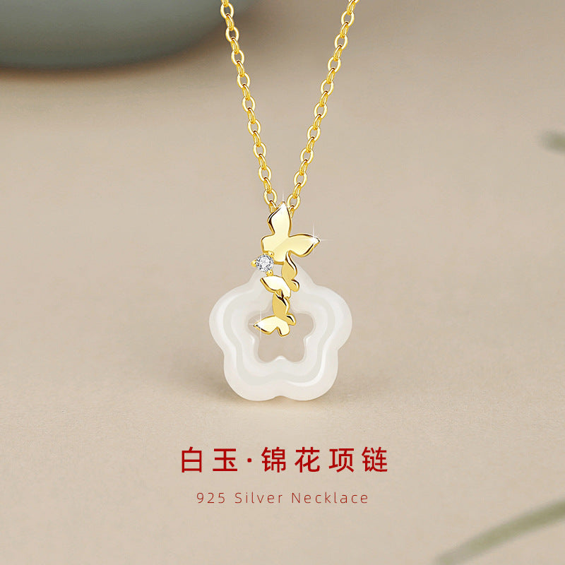 Butterfly Sterling Silver 925 White Jade Necklace Women's Fashion Versatile Flower-like Brocade Clavicle Chain Ins Style Plum Pendant