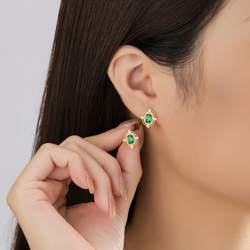 Square Sugar Sterling Silver 925 Stud Earrings Female Niche Design Light Luxury Emerald Zircon Earrings High-Grade Cross-Border Earrings