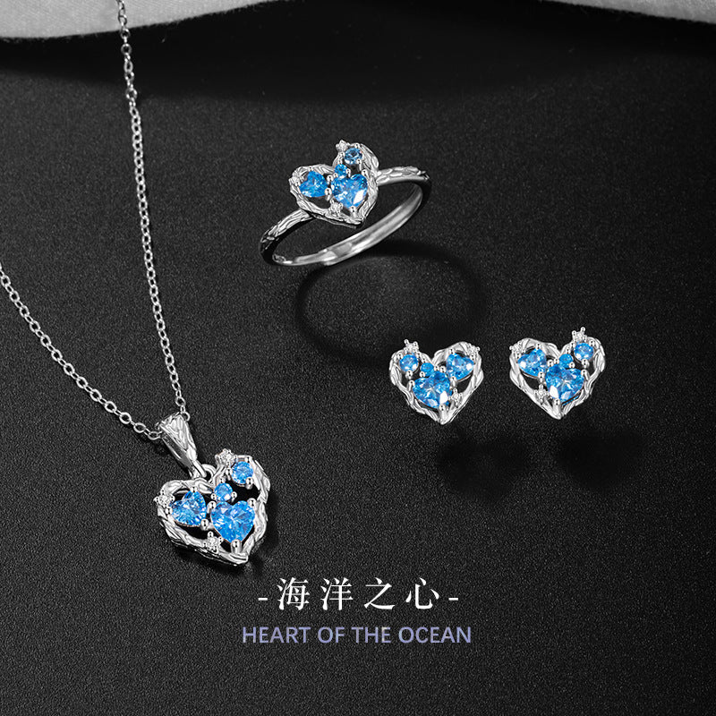 S925 Sterling Silver Ocean Heart Necklace Female Niche Zircon Clavicle Chain Ins Style Love Pendant Jewelry Set