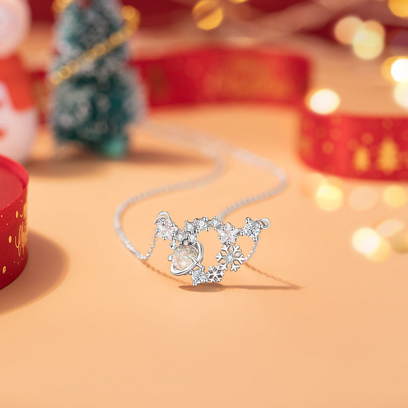 Snowflake Sterling Silver 925 Necklace Female Niche Design Light Luxury Glass Stone Star Clavicle Chain Ins Christmas Pendant
