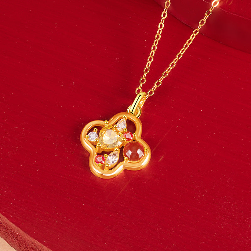 Original S925 Sterling Silver Clover Necklace Female Inlaid Red Agate Magic Color High Sense New Chinese Good Luck Clavicle Chain