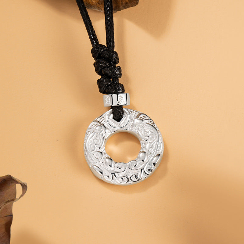 Pure Silver 999 Necklace Men's Retro Domineering Fashion Brand Xiangyun Safety Buckle Necklace National Fashion Six-Word Mantra Pendant