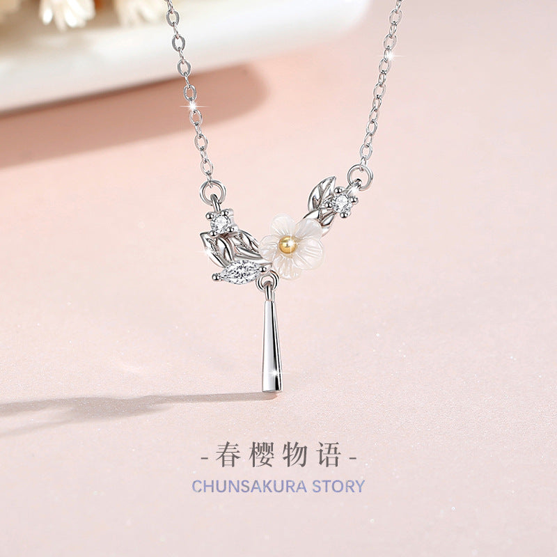 Cherry Blossom Sterling Silver 925 Necklace Female Niche Design Light Luxury Zircon Tassel Clavicle Chain Get Things Ins Flower Pendant
