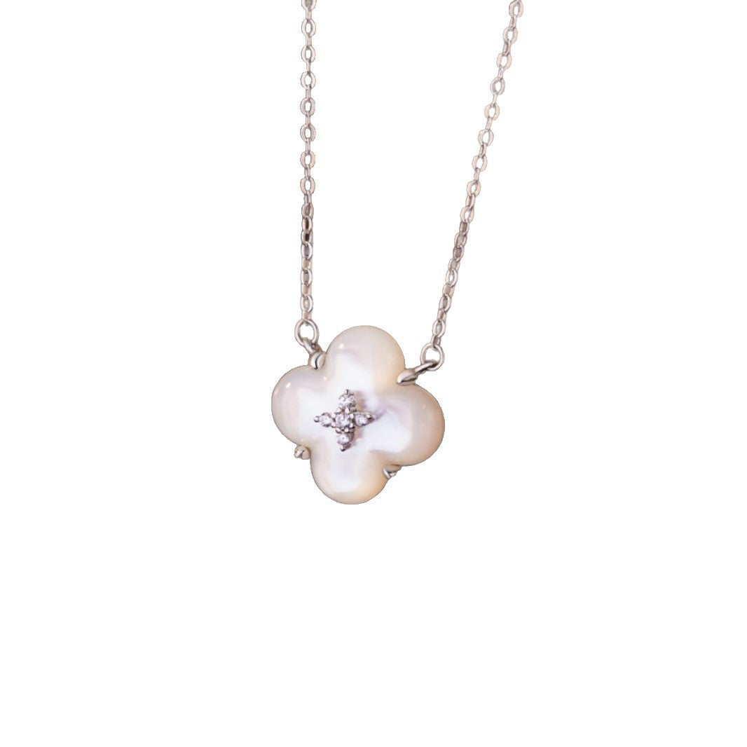 Lucky Clover Sterling Silver 925 Necklace Women's Fashion Versatile Flower White Fritillary Clavicle Chain Ins Style Pendant