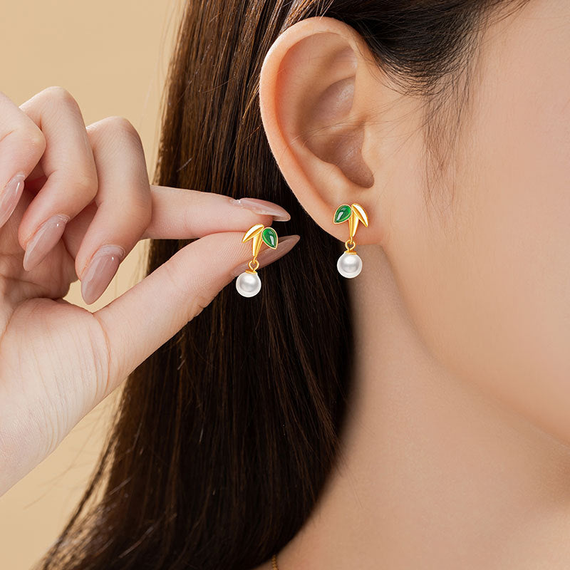 Bamboo Sterling Silver 925 Stud Earrings Women's Light Luxury High-Grade Freshwater Pearl Bamboo Earrings High-Rise Chalcedony Earrings