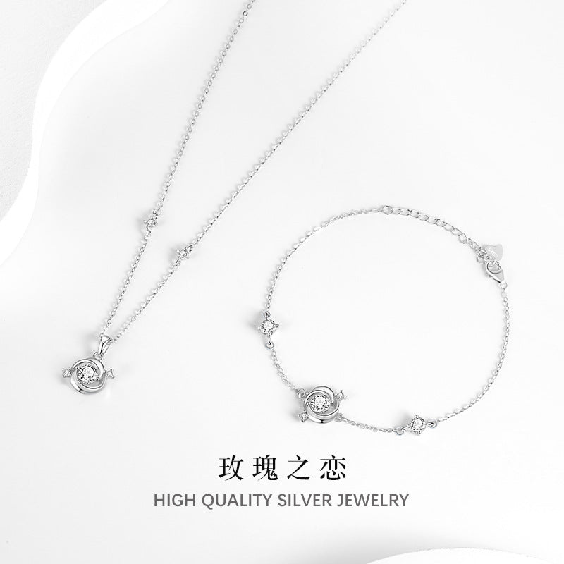 S925 Sterling Silver Rose Love Necklace Bracelet Set Female Light Luxury Niche Zircon Valentine's Day Gift Silver Jewelry Wholesale