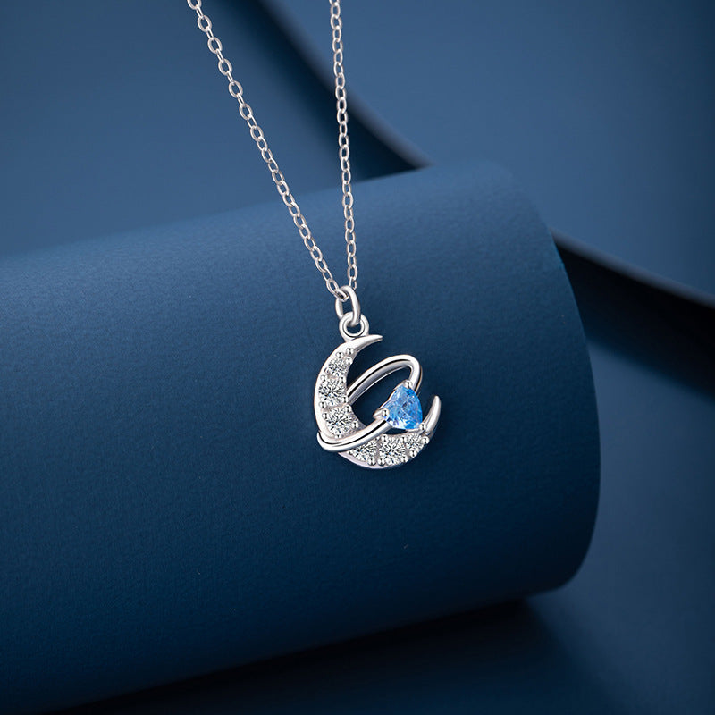 Moon Sterling Silver 925 Necklace Female Niche Design Light Luxury Zircon Star Clavicle Chain Ins Style Love Pendant