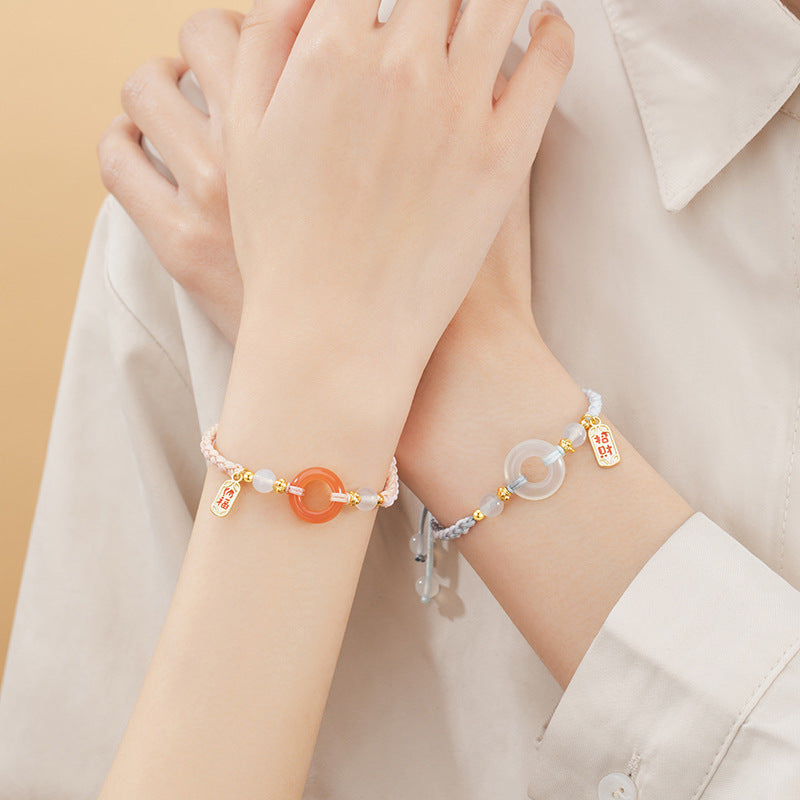 Tongxin Knot Sterling Silver S925 Couple Bracelet Men and Women Simple Chalcedony Bracelet New Chinese Style Safety Buckle Lucky Bracelet