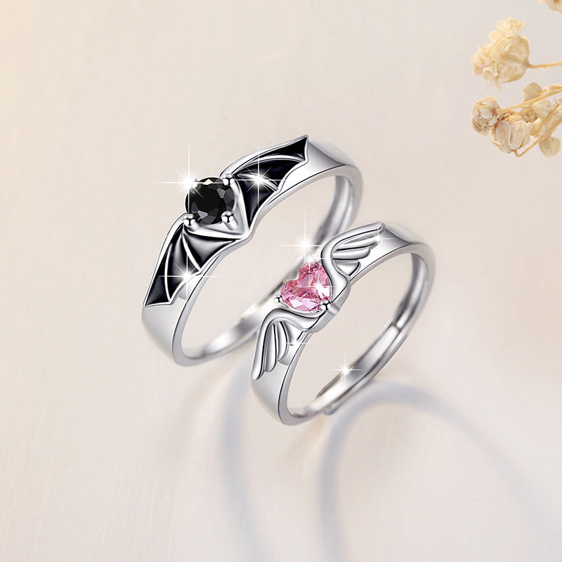 Angel Wings Sterling Silver 925 Couple Ring Men's and Women's Fashion All-Match Love Ring Thing Ins Devil Ring