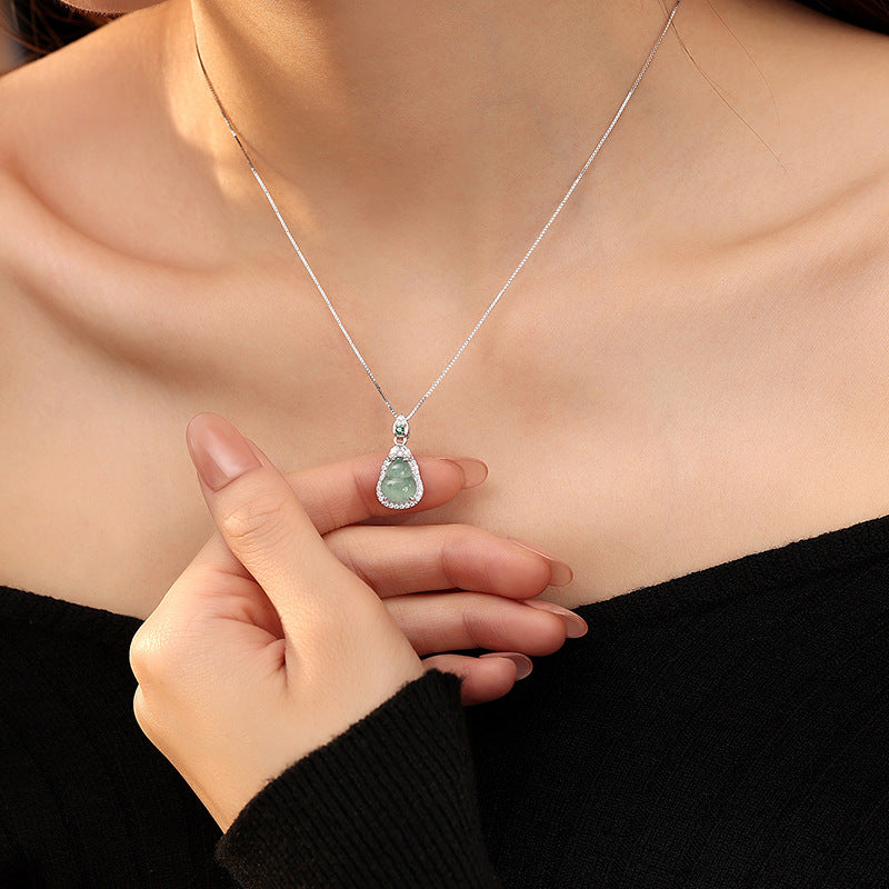 S925 Sterling Silver Necklace for Women, Ice-Proof Material Blue Water Jade Gourd Pendant, New Chinese Style Fu Lu Clavicle Chain Wholesale