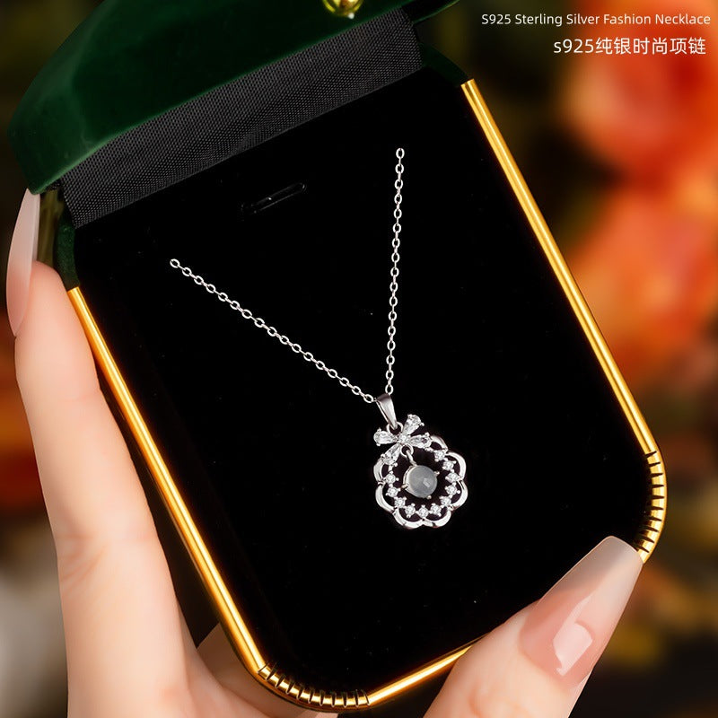 S925 Sterling Silver Necklace Light Luxury Niche High-Grade White Agate Magic Color Glaze Double Optional Clavicle Chain Gift for Women