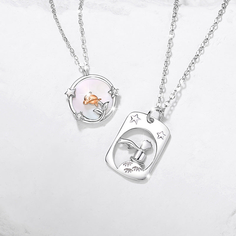 Little Prince and Rose Sterling Silver 925 Couple Necklace White Fritillary Clavicle Chain 520 Valentine's Day Star Pendant