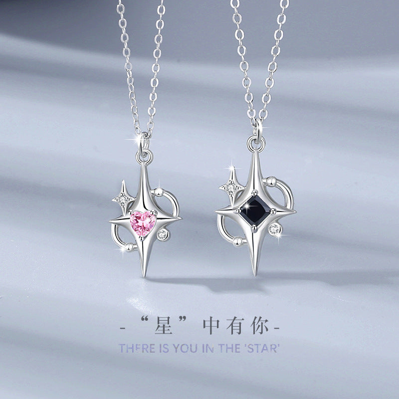Star Sterling Silver 925 Couple Necklace Female Niche Design Light Luxury Pink Diamond Clavicle Chain Qixi Ins Love Pendant