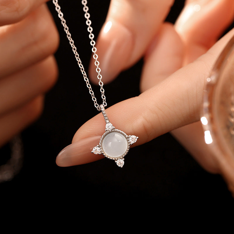 S925 Sterling Silver Necklace Women's Inlaid Natural White Chalcedony Fritillaria Four Awn Star Clavicle Chain Gentle Style Valentine's Day Gift