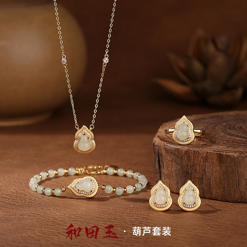 New Chinese Hetian Jade White Chalcedony Fu Lu Gourd Set S925 Sterling Silver Necklace Bracelet Ring Earrings Four-Piece Set