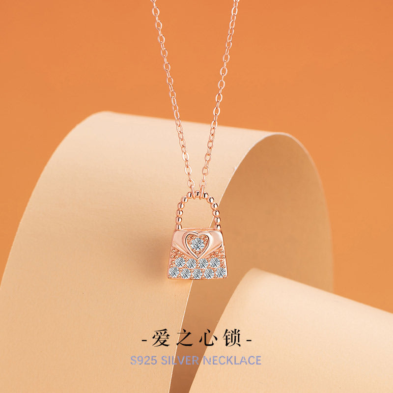 Love Bag Sterling Silver 925 Necklace Female Niche Design Light Luxury Zircon Clavicle Chain Ins Heart Lock Pendant