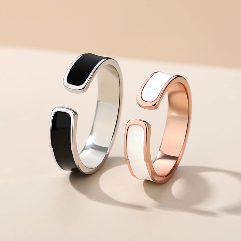 Black and White Sterling Silver 925 Couple Ring Light Luxury Long-Distance Love Flat Ring Valentine's Day Open Adjustable Plain Ring
