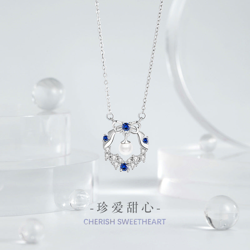 Bowknot Sterling Silver 925 Necklace Female Niche Design Light Luxury Pearl Bell Clavicle Chain Ins Style Garland Pendant