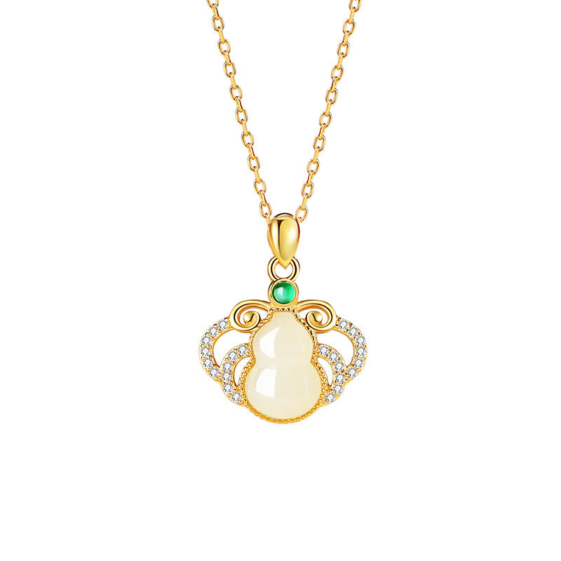 Fu Lu Double Full Hetian Jade Sterling Silver 925 Necklace Women's National Fashion Ethnic Style Clavicle Chain Green Agate Jade Gourd Pendant
