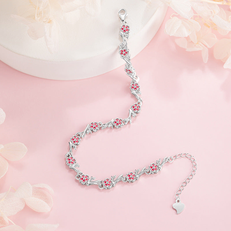 Sansheng Sanshi Shili Peach Blossom Pure Silver 999 Bracelet Female Light Luxury High-Grade Flower Bracelet Ins Style Cherry Blossom Bracelet