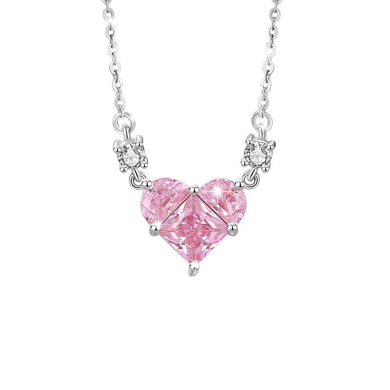 Heart-Shaped Sterling Silver 925 Necklace for Women, Niche Design, Light Luxury Pink Diamond Clavicle Chain, INS Style Heart-Shaped Pendant
