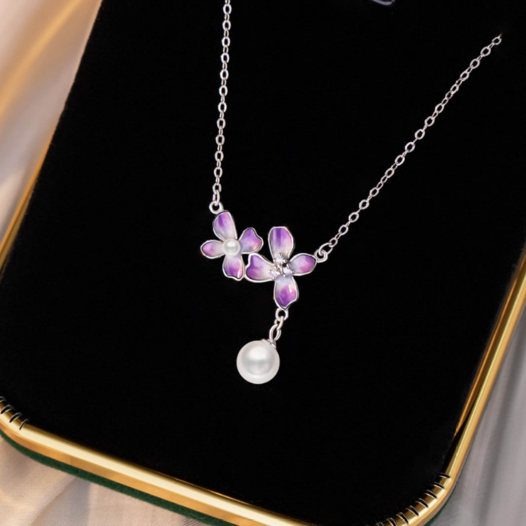Iris Sterling Silver 925 Necklace Women's Light Luxury High-Grade Flower Pearl Clavicle Chain Ins Style Wisteria Pendant