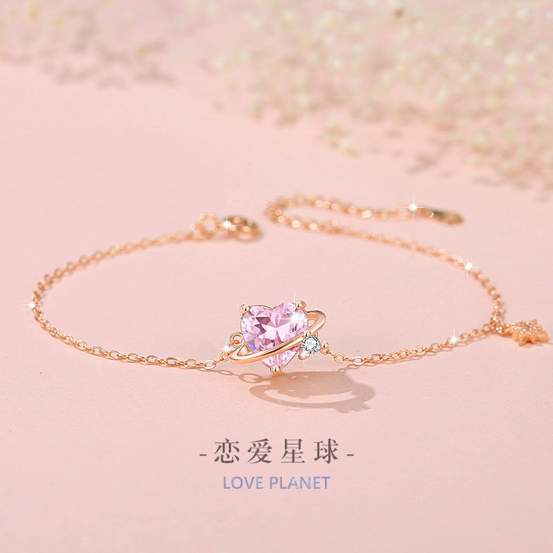 Planet Sterling Silver 925 Bracelet Female Niche Design Light Luxury Pink Diamond Bracelet Get Things Ins Style Love Zircon Bracelet
