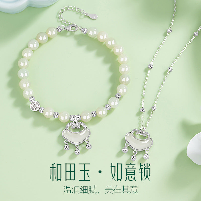 S925 Silver Hetian Jade Ruyi Lock Set New Chinese Style Safety Lock Bracelet Necklace for Girlfriend Elders Safety Gift