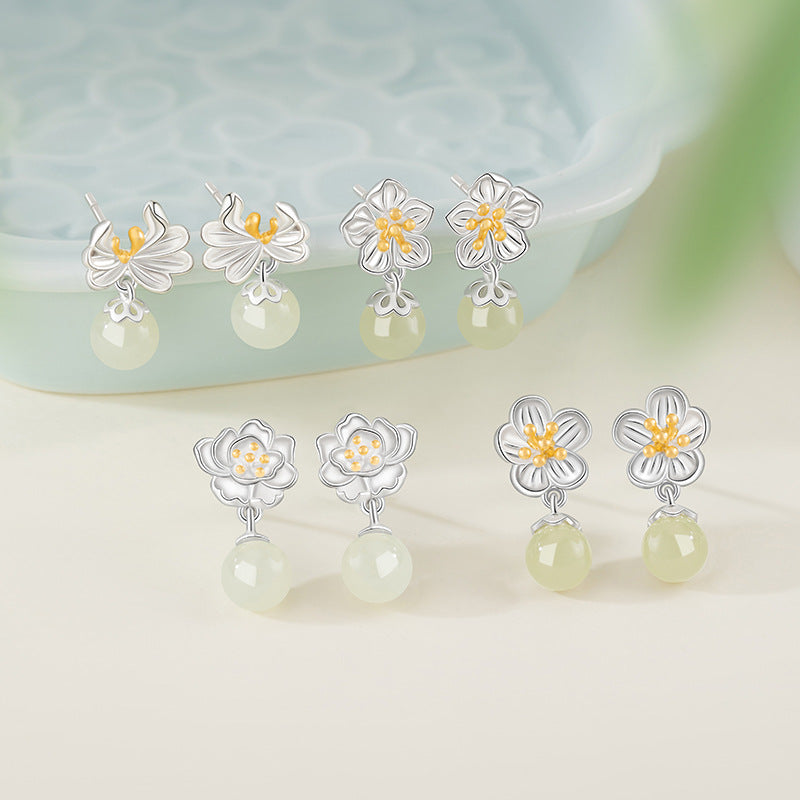 Twelve Flower God Sterling Silver 925 Stud Earrings Women's New Chinese Peach Blossom Natural Hetian Jade Earrings Ins Style Flower Earrings