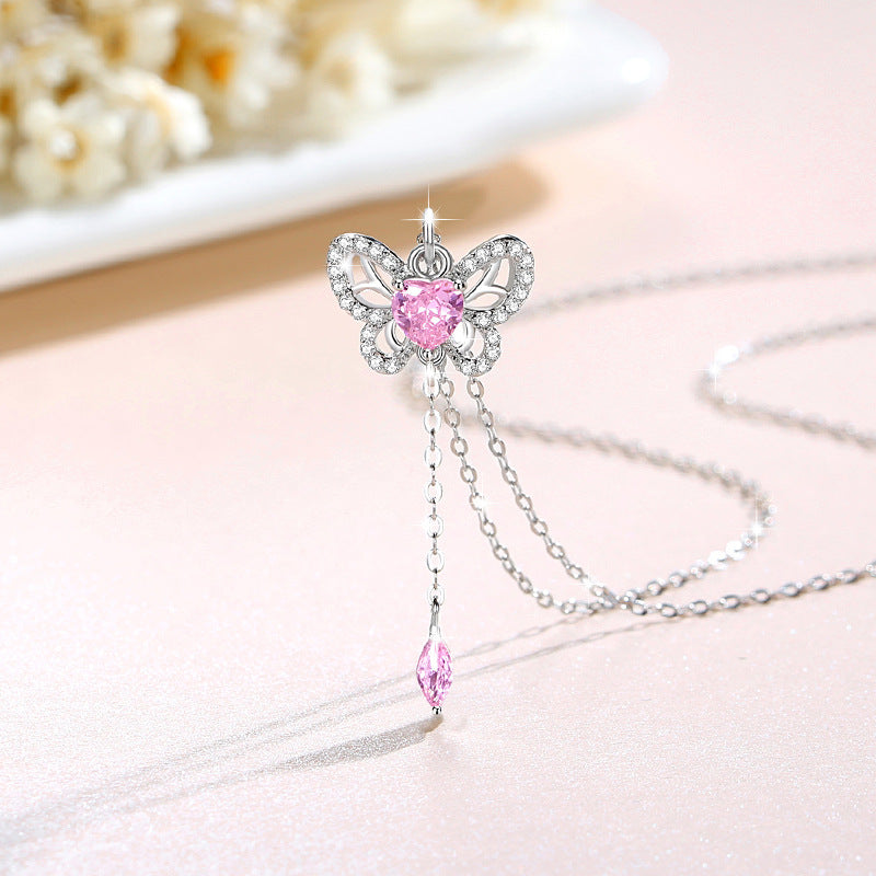 Butterfly Sterling Silver 925 Necklace Female Niche Design Light Luxury Pink Zircon Tassel Clavicle Chain Ins Love Pendant