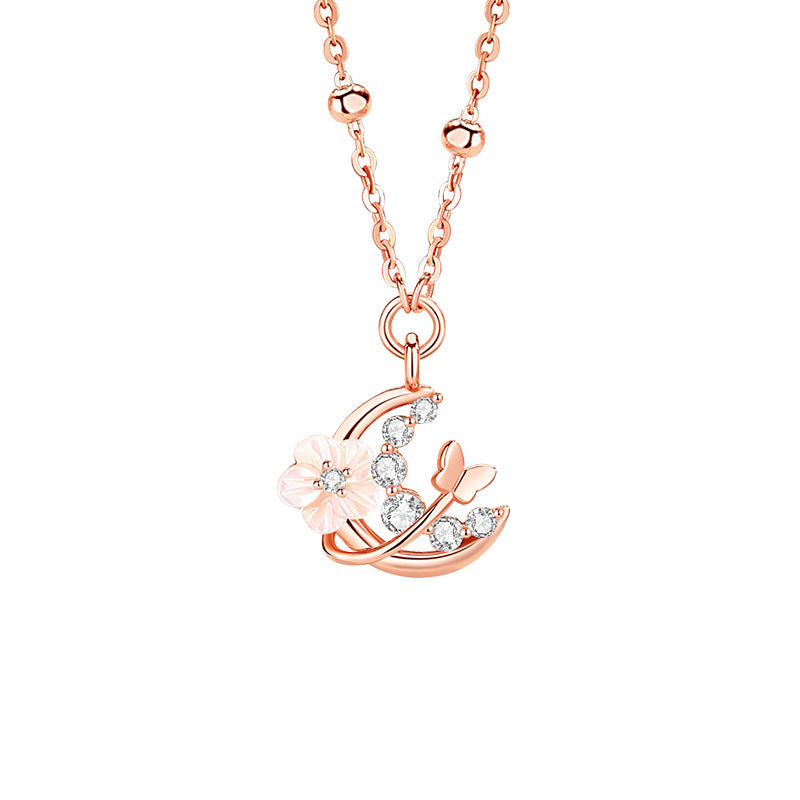 Flowers like Brocade Sterling Silver 925 Necklace Light Luxury Sweet Peach Blossom Shell Clavicle Chain Ins High-Grade Butterfly Pendant