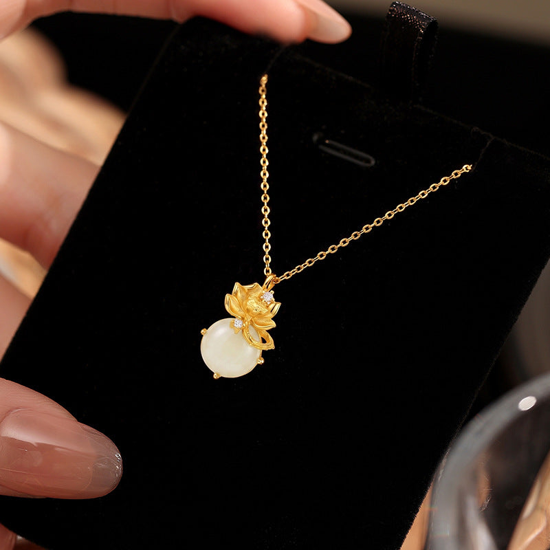 New Chinese Style S925 Sterling Silver Necklace Women's Natural Hetian Jade Lotus Pendant Elegant Valentine's Day Gift National Style Silver Jewelry