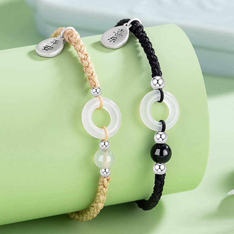 Safety Buckle Sterling Silver 925 Couple Bracelet New Chinese National Fashion Chalcedony Safety Buckle Bracelet Happy Black Agate Bracelet