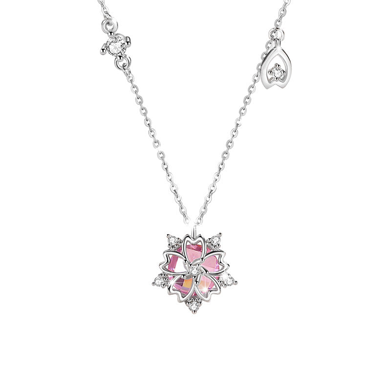 Cherry Blossom Sterling Silver 925 Necklace Female Niche Design Light Luxury Pink Zircon Clavicle Chain Get Things Ins Style Pendant
